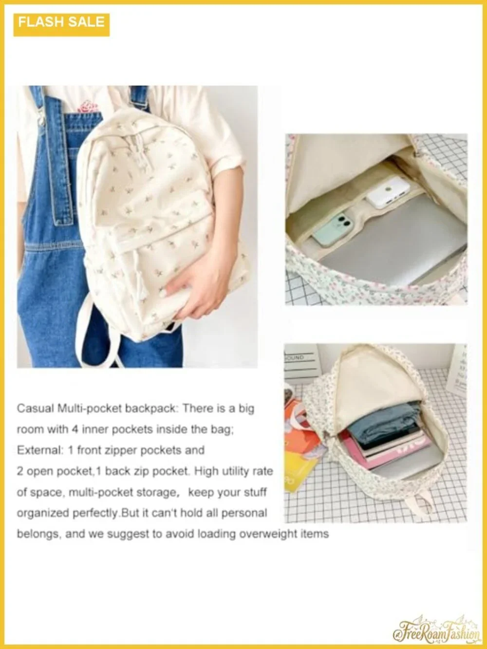 Waterproof Floral Canvas Backpack Women Fashion Rucksack Daypack Multi-Pocket